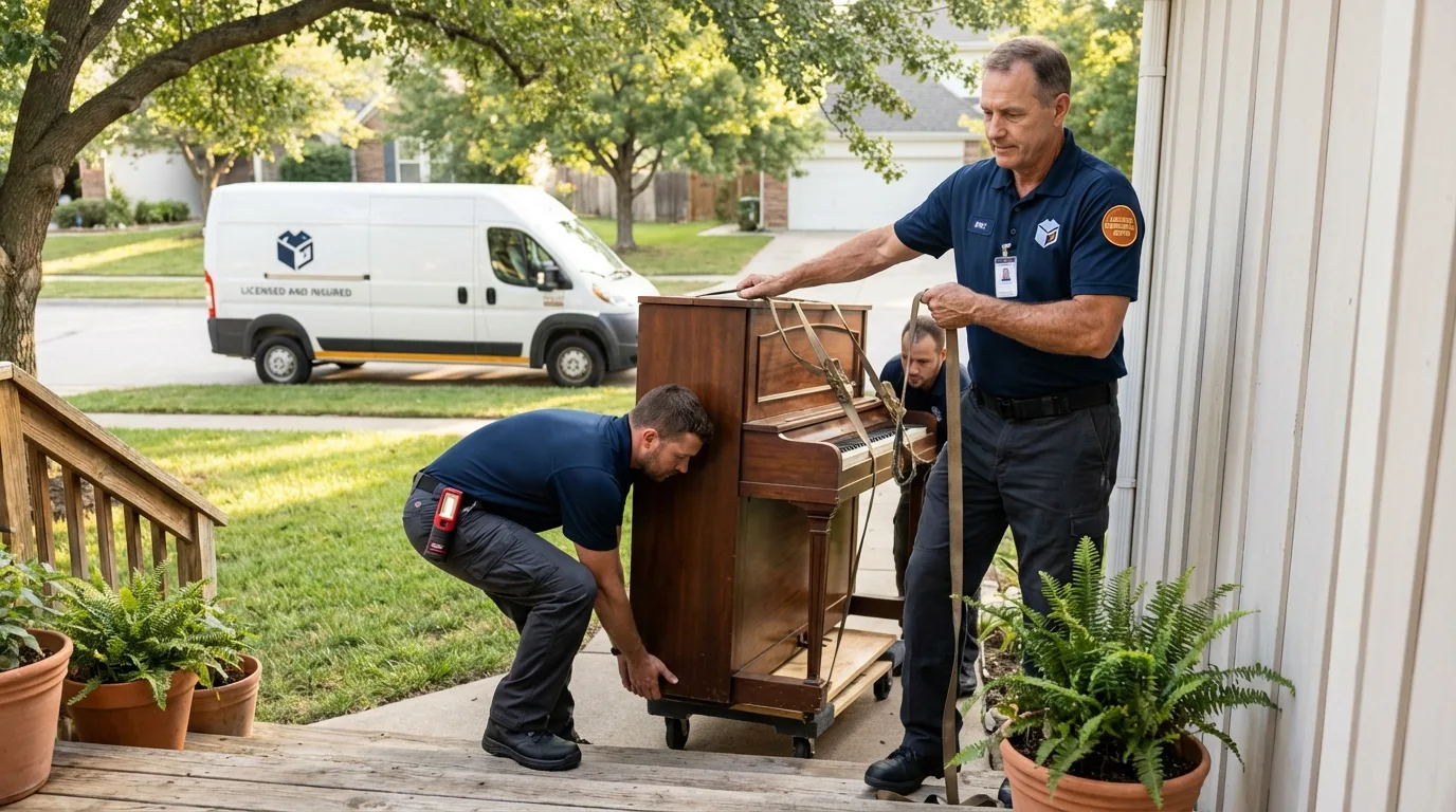Licensed piano movers securing grand piano in North Hampton, NH