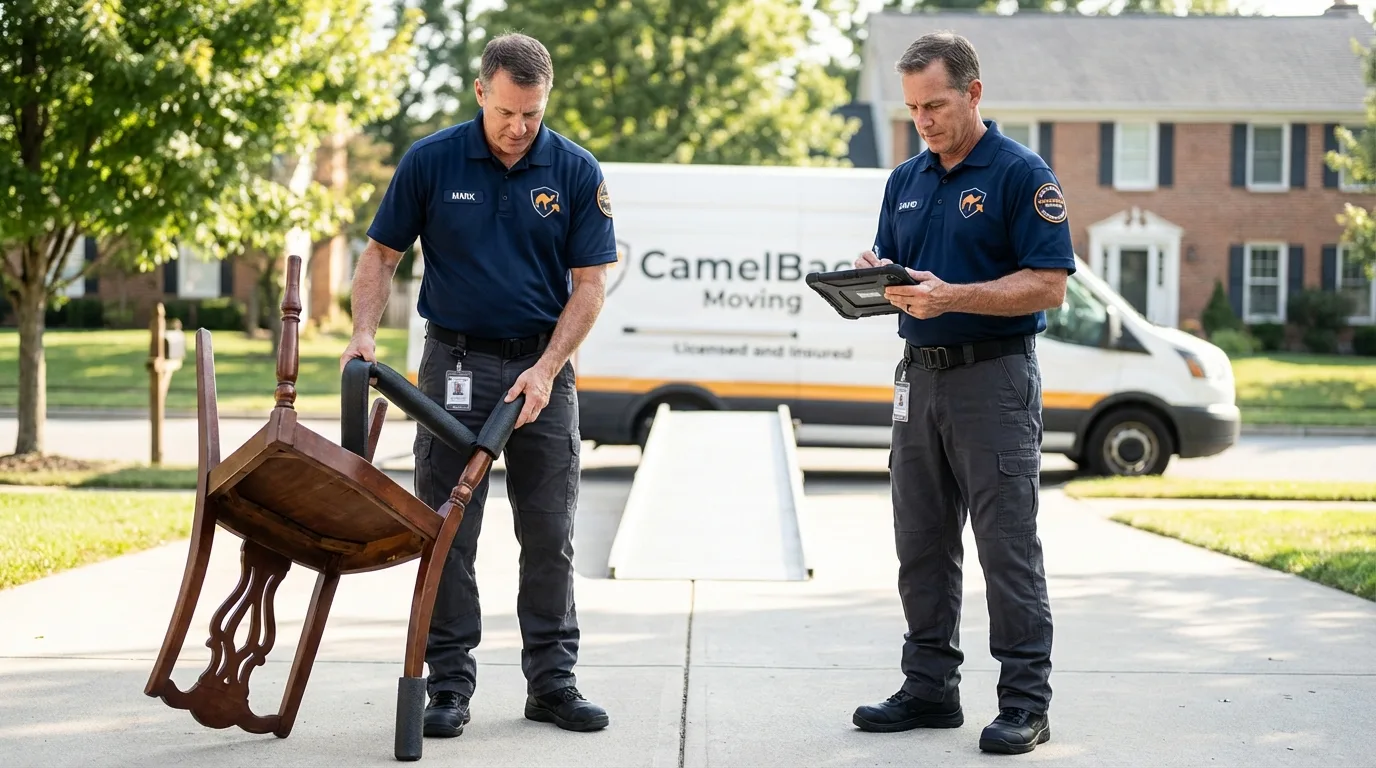 Movers inspecting furniture for damage prevention before loading in North Hampton, NH