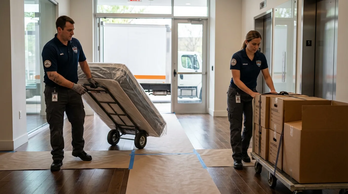 Professional apartment movers loading elevator in North Hampton, NH